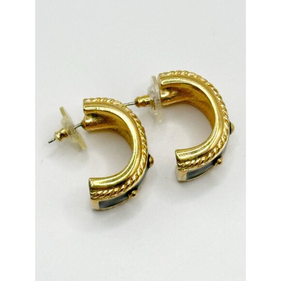 Swarovski Swan Signed Pierced Earrings Black Enamel Clear Crystal Half Hoop - Picture 3 of 5